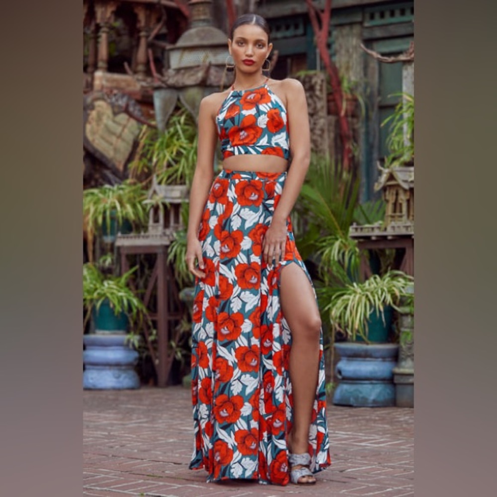 Lulus Back to Your Roots Red Floral Print Two-Piece Maxi Dress